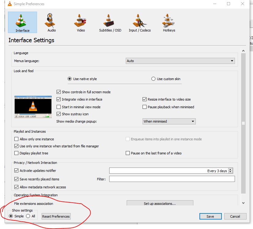 vlc show settings