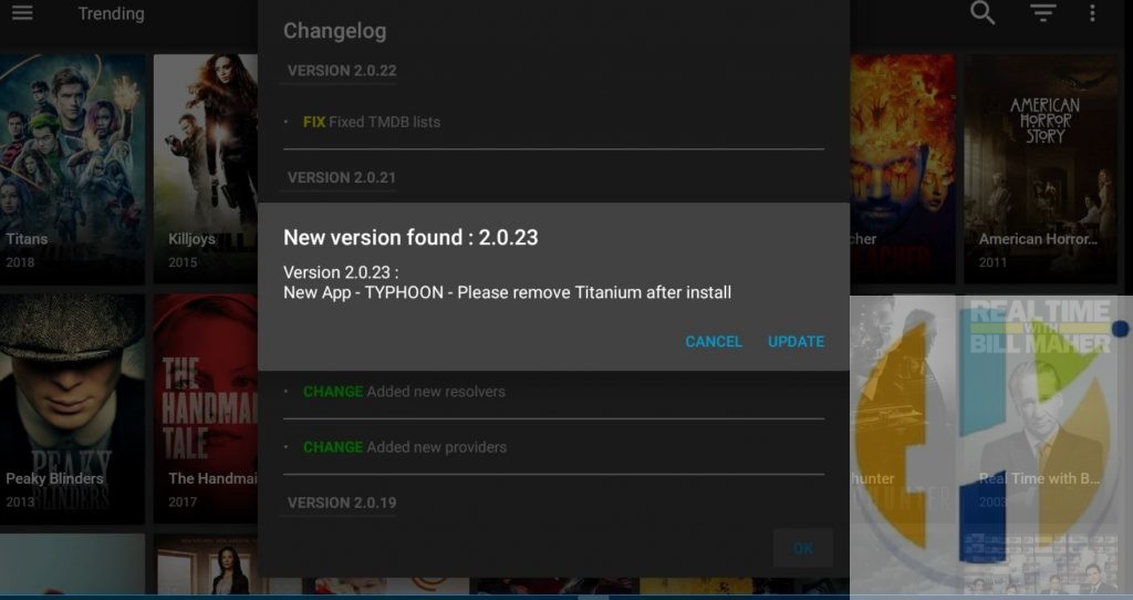 Titanium APK Message to update to Typoon APK - Titanium Closed down and Bow down to Typhoon TV APK