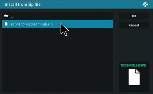 Enter the Zip file and click Ok to get Live Hub Kodi Addon