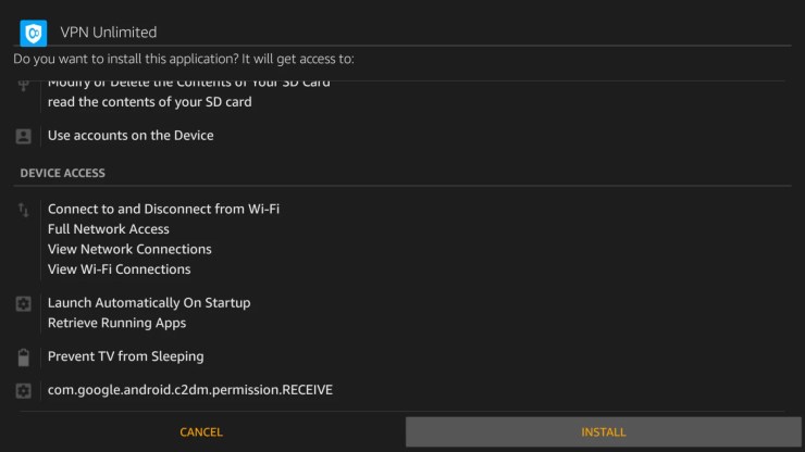 click Install to install VPN Unlimited on Firestick