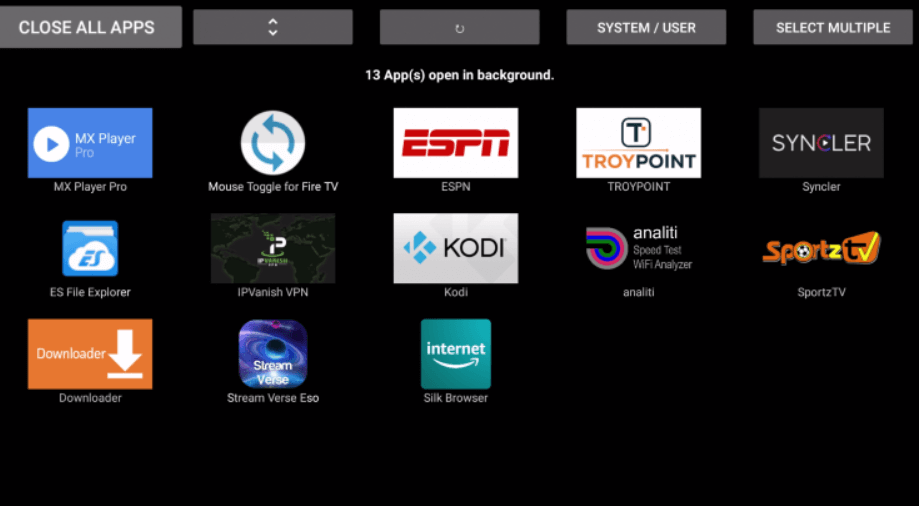 tap close all apps to close apps on firestick 