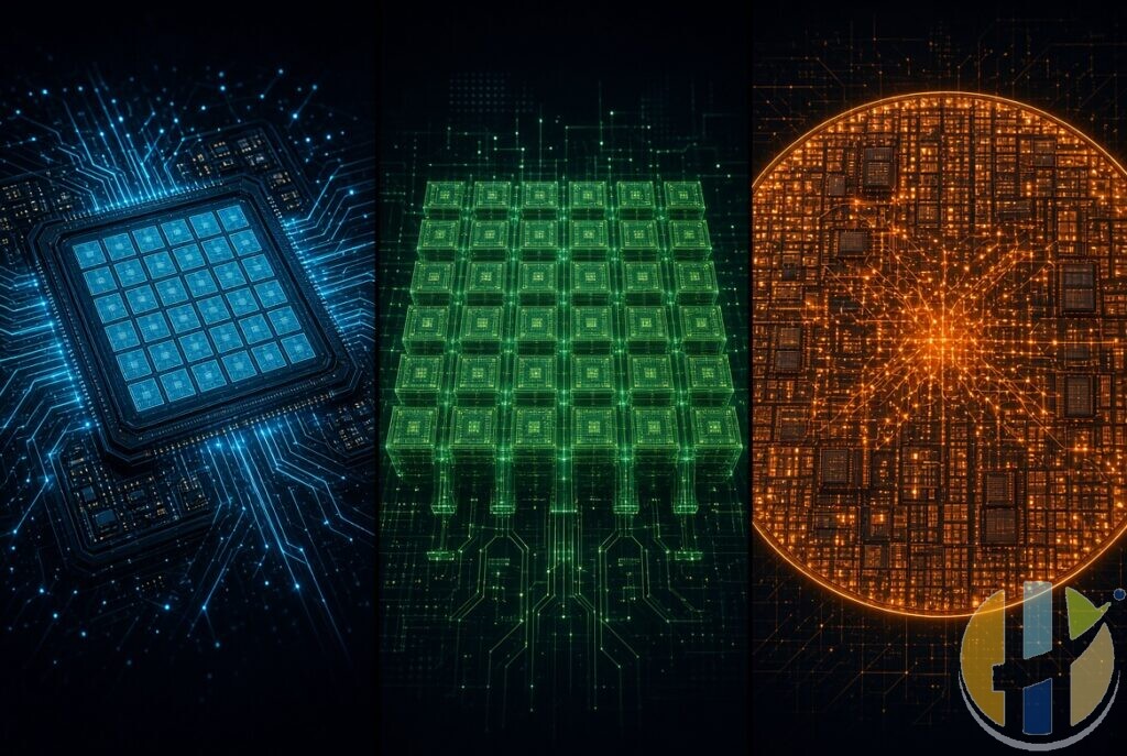 Side-by-side conceptual view (GPU-style, systolic array TPU, wafer-scale)
