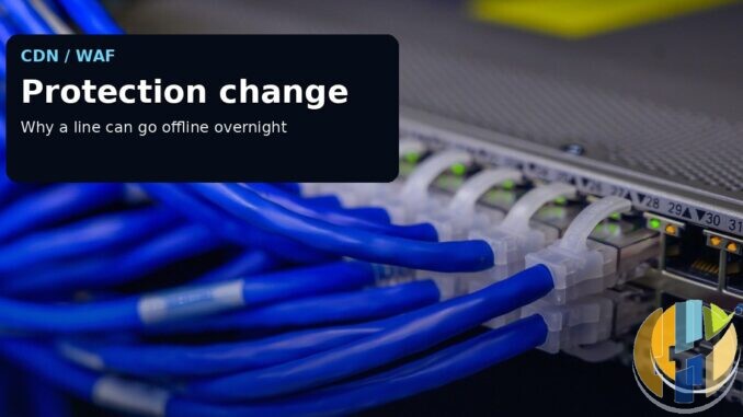 A real network-cabling photograph with editorial labels about CDN/WAF changes taking streaming lines offline.