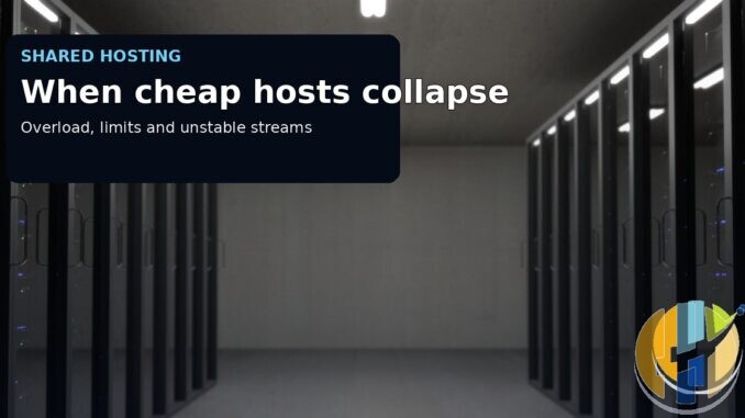 Real server-room photograph with a shared-hosting collapse caption.