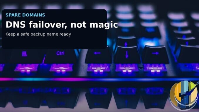 Real illuminated network keyboard photograph used as a spare-domain/DNS failover visual.