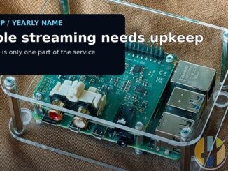 Real Raspberry Pi media-player hardware photograph with an own-app/yearly-name maintenance caption.