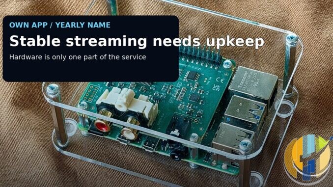 Real Raspberry Pi media-player hardware photograph with an own-app/yearly-name maintenance caption.