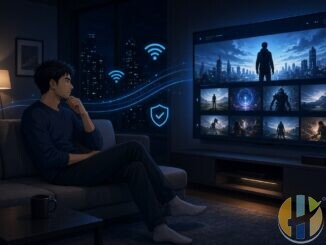 Anime-style man on a couch watching a TV with a Fire Stick style device and glowing blue technology icons.