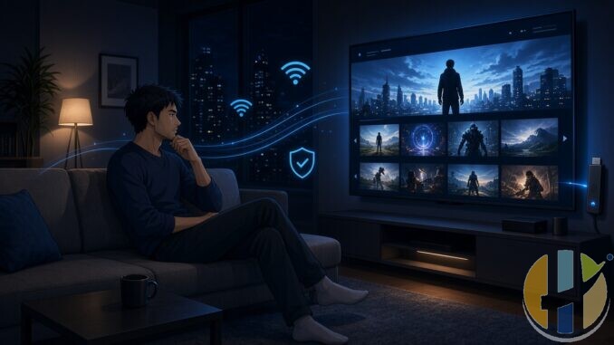 Anime-style man on a couch watching a TV with a Fire Stick style device and glowing blue technology icons.
