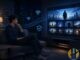 Anime-style man on a couch watching a TV with a Fire Stick style device and glowing blue technology icons.