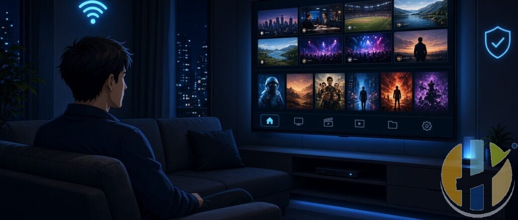 Anime-style man on a couch watching a merged live TV and movie player interface with blue tech accents