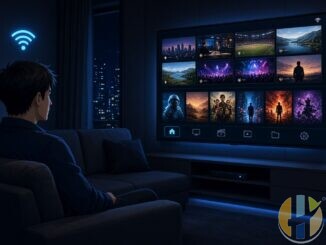 Anime-style man on a couch watching a merged live TV and movie player interface with blue tech accents