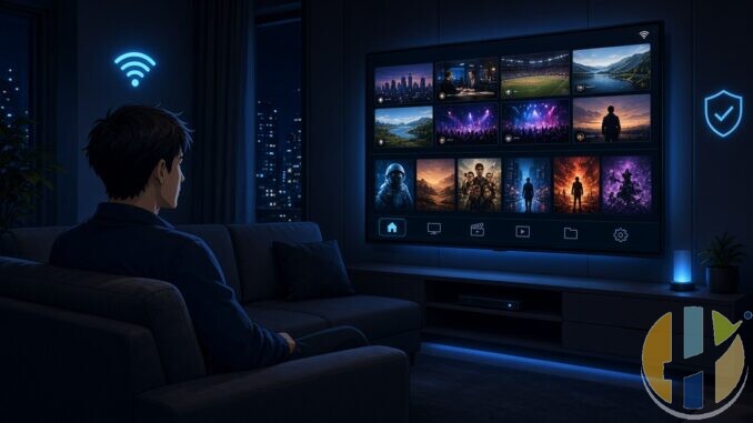 Anime-style man on a couch watching a merged live TV and movie player interface with blue tech accents