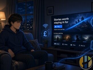Anime-style man on couch watching streaming TV with glowing blue pound symbols