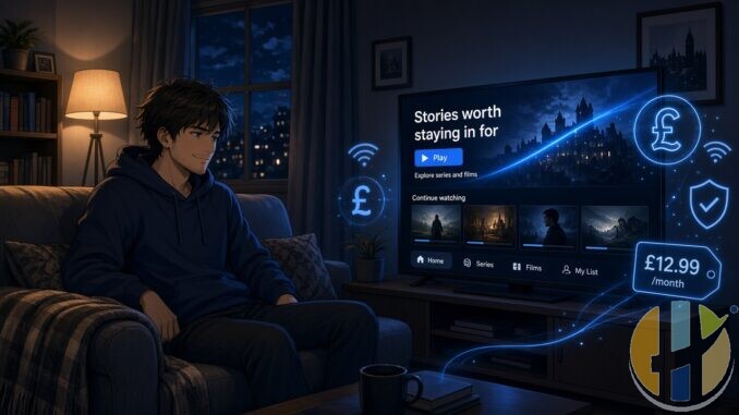 Anime-style man on couch watching streaming TV with glowing blue pound symbols