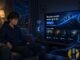 Anime-style man on couch watching streaming TV with glowing blue pound symbols