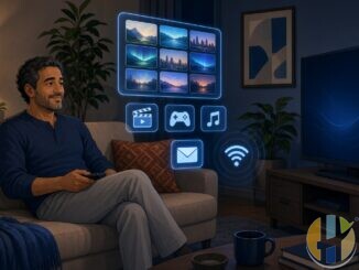 Anime-style man on a couch with glowing blue streaming panels and household invite icons