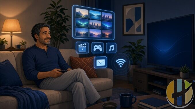 Anime-style man on a couch with glowing blue streaming panels and household invite icons