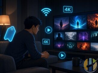 Anime-style man on a couch watching a streaming TV with glowing blue price and 4K tech icons