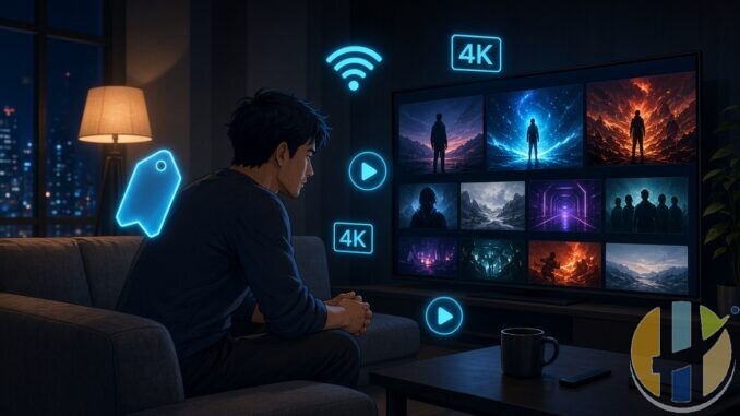 Anime-style man on a couch watching a streaming TV with glowing blue price and 4K tech icons