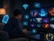Anime-style man on a couch watching a streaming TV with glowing blue price and 4K tech icons