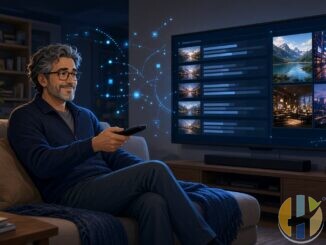 Anime-style man on a couch watching a TV-first live TV player with EPG and multiview panels, blue tech accents