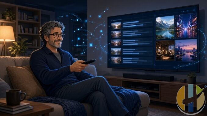 Anime-style man on a couch watching a TV-first live TV player with EPG and multiview panels, blue tech accents