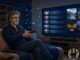 Anime-style man on a couch watching a TV-first live TV player with EPG and multiview panels, blue tech accents