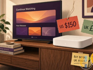 Warm editorial living-room shot of a streaming box with US $150 and UK £99 price tags and husham.com logo bottom-right