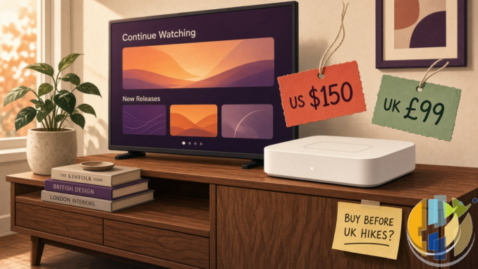 Warm editorial living-room shot of a streaming box with US $150 and UK £99 price tags and husham.com logo bottom-right