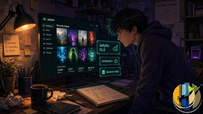 Anime-style home office scene with Jellyfin 12.0 upgrade and backup holograms on a monitor