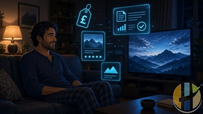 Anime-style man on a couch with glowing blue pound price tags and streaming panels