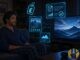 Anime-style man on a couch with glowing blue pound price tags and streaming panels