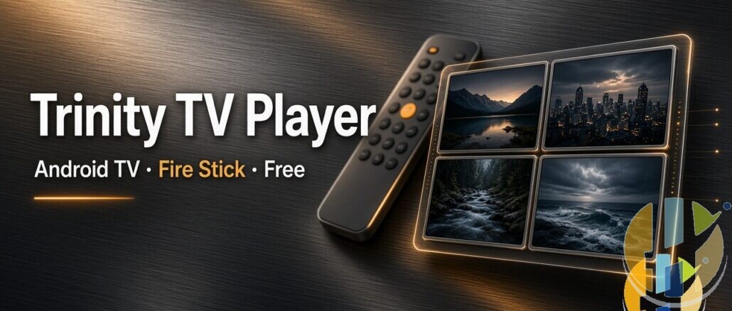 Brushed-metal banner for Trinity TV Player with remote, multiview panels, and text Trinity TV Player Android TV Fire Stick Free, husham.com logo bottom-right