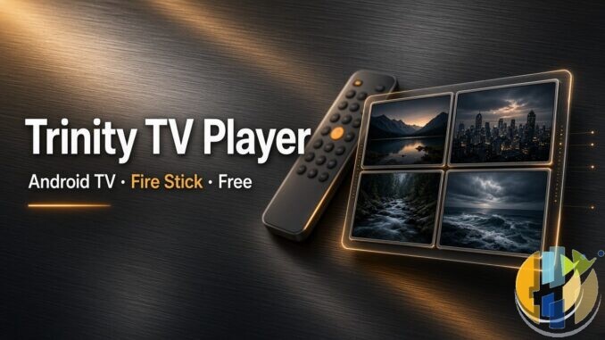 Brushed-metal banner for Trinity TV Player with remote, multiview panels, and text Trinity TV Player Android TV Fire Stick Free, husham.com logo bottom-right