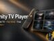 Brushed-metal banner for Trinity TV Player with remote, multiview panels, and text Trinity TV Player Android TV Fire Stick Free, husham.com logo bottom-right