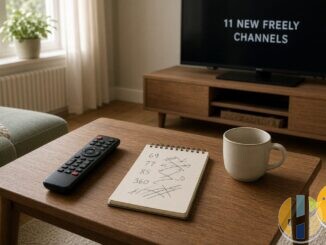 Living room TV showing 11 new Freely channels text with remote and notepad; husham.com H logo bottom-right