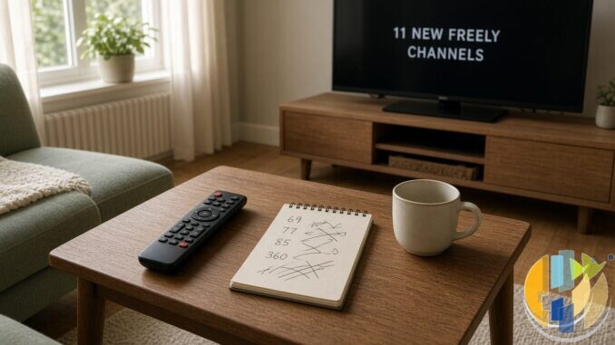 Living room TV showing 11 new Freely channels text with remote and notepad; husham.com H logo bottom-right