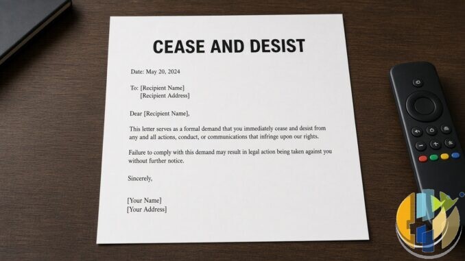 Plain cease-and-desist letter on a desk beside a remote