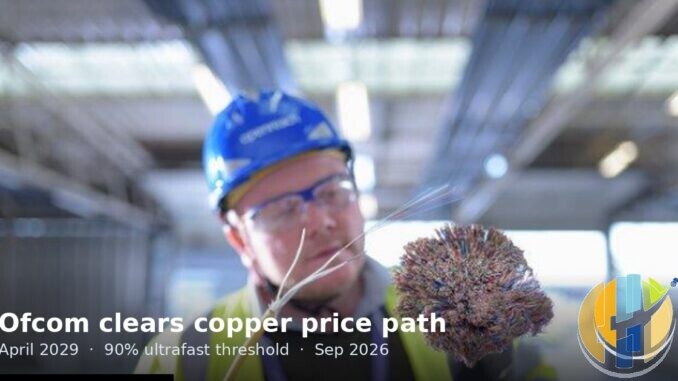 Openreach engineer comparing copper cable bundle and fibre strands; Ofcom copper price path April 2029