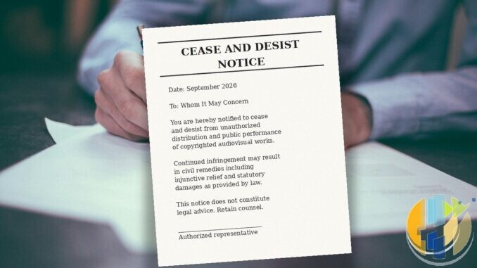 Plain unbranded cease and desist notice on a desk, September 2026 documentary prop