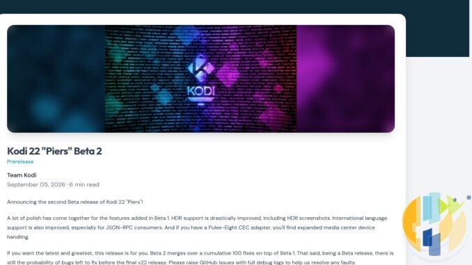 Official kodi.tv news post announcing Kodi 22 Piers Beta 2, dated 5 September 2026