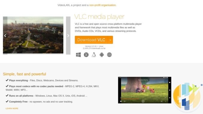 VideoLAN VLC media player official web page, one of the free Kodi alternatives