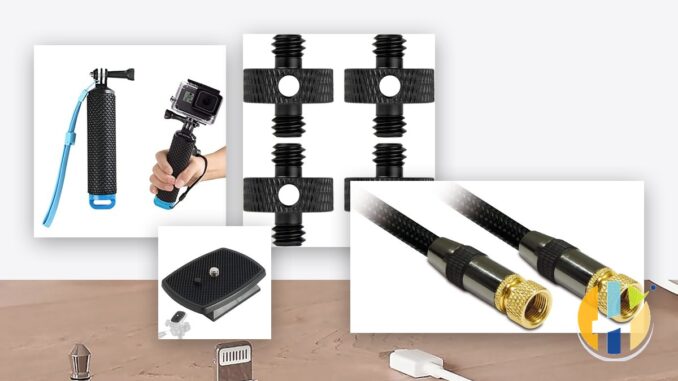 Camera float grip, tripod screws and aerial cable on a bench, husham.com stamp