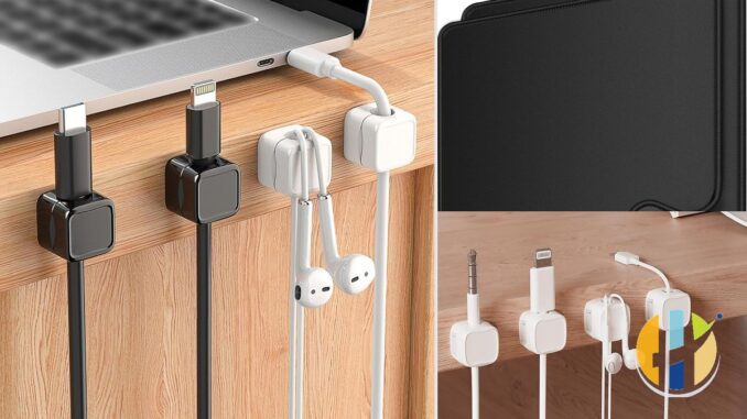 Desk tidy with magnetic cable clips, mouse mat and coiled leads, husham.com stamp, September 2026