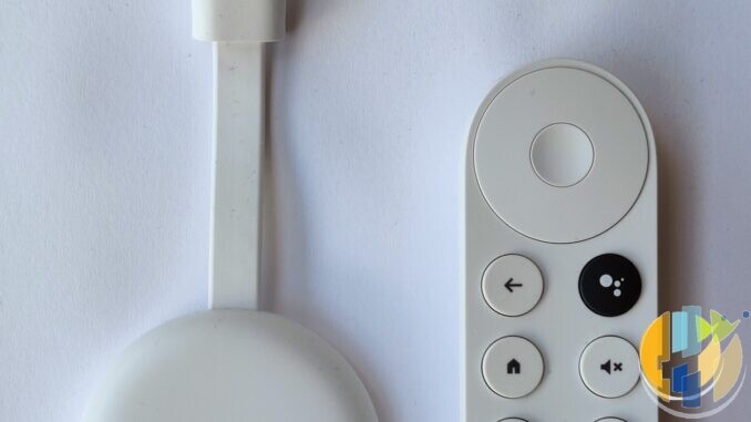 Real Google Chromecast with Google TV handheld product shot — Google TV stick/hub hardware family related to Google TV Streamer use cases; no forged Streamer packaging.