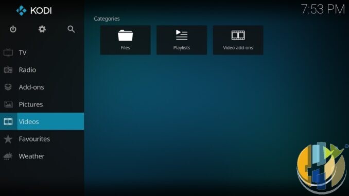 Real official Kodi Estuary skin homescreen (Videos categories) from a stock install — no third-party pirate repository UI.