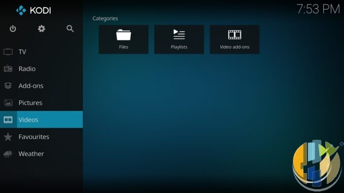 Kodi Estuary skin main menu Videos categories screenshot, official media centre UI