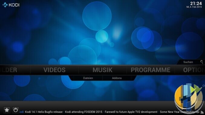 Real official Kodi Confluence skin homescreen from a stock install — local media library UI, no third-party pirate repository panels.