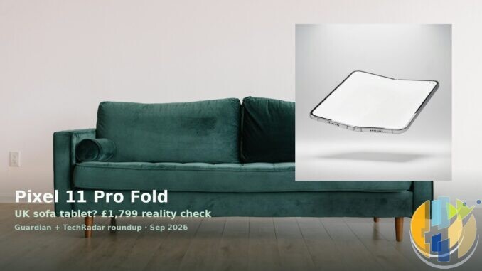 Pixel 11 Pro Fold foldable phone on green sofa as sofa tablet, husham.com stamp, September 2026